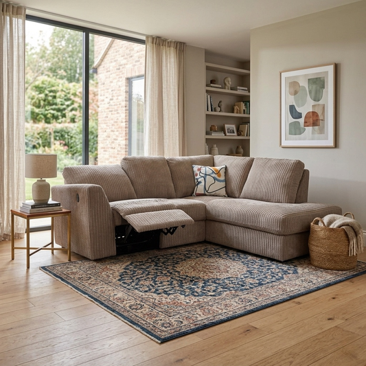 'Heydon' Mocha Cord Fabric Left Hand Facing Arm Open End Corner Power Recliner