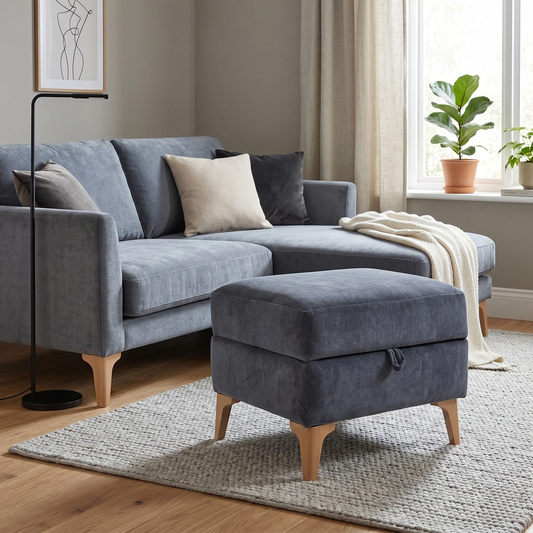 ‘Moderna' Mht Ink Blue Sw Linen Fabric Storage Footstool