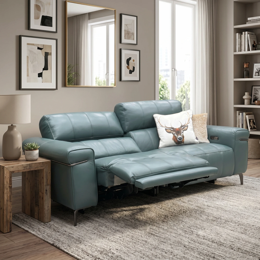 World of Leather ‘Homestage’ Nc-301e Lake Green Leather 3 Seater Power Recliner Sofa with Power Headrests