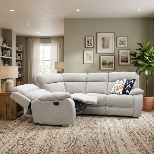 ‘Moreno’ Fab-Ska-R28 Beige Fabric Small Manual Recliner Corner Sofa