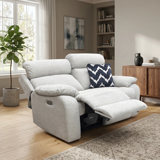 ‘Moreno’ Fab-Ska-R28 Beige Fabric 2 Seater Power Recliner Sofa with Power Headrests