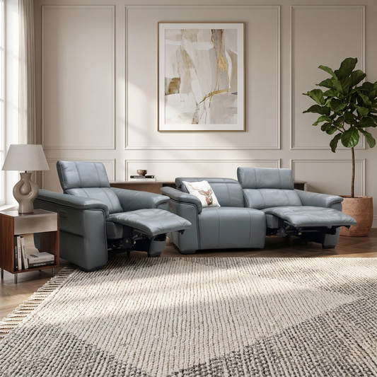 ‘Inca’ Cat-40:09 Peacock Green Leather 3 Seater Power Recliner Sofa with Power Headrests + Power Chair