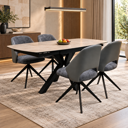 'Raul' Argile Grey Ceramic Top 160cm Swivel Extending Dining Table with G6 Anthracite Faux Leather Chairs X 4