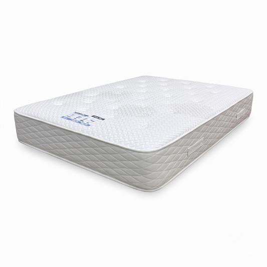 Cloud 2000 pocket memory double sided double mattress, angled view with a white quilted tufted top