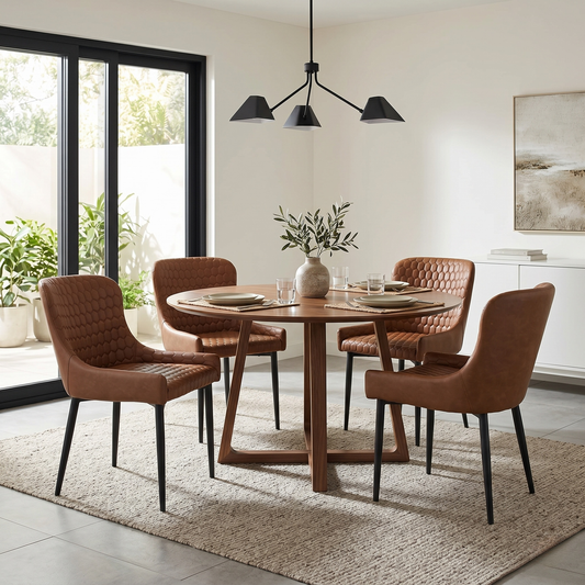 Dining room of the Osaka dining chair, showcasing the decorative horizontal stitching and the rich tan brown faux leather finish.