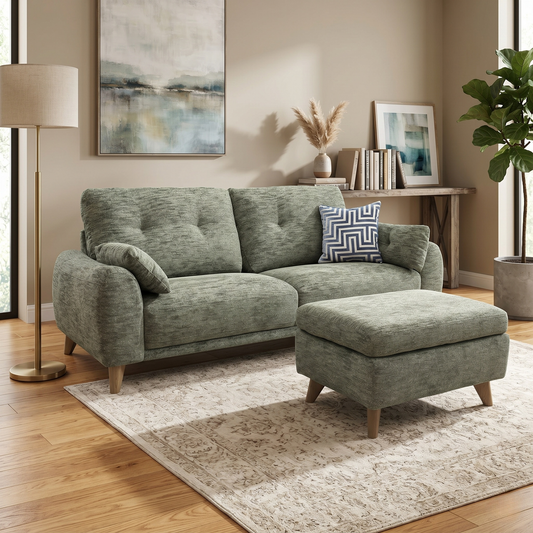Living room of the upholstery on the footstool side, noting a small fabric pull or minor wear mark.
