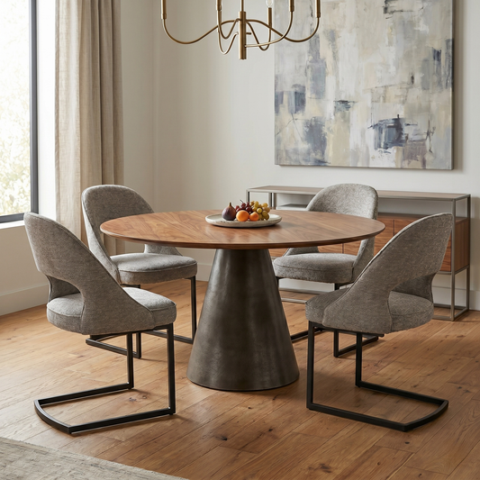 dining room of the set of 4 chairs around a modern dining table, illustrating how they fit into a family dining space.