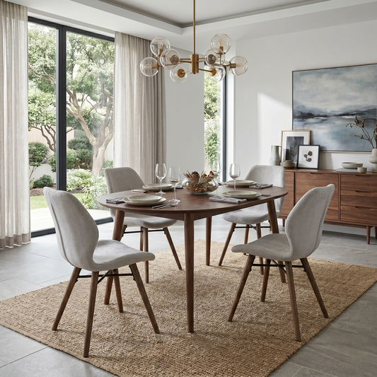 Lifestyle photo of the Stockholm dining chairs styled in a contemporary dining room, highlighting their designer aesthetic.