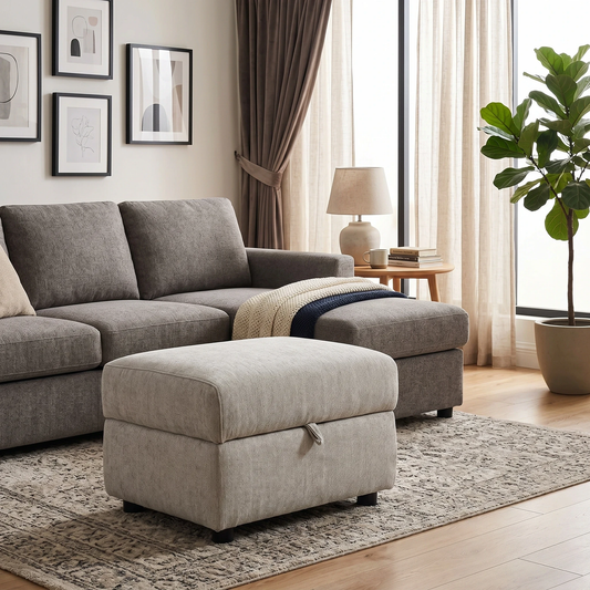 Living room view for the Hetty storage footstool, highlighting the soft-touch grey upholstery and the convenient hidden internal storage compartment.