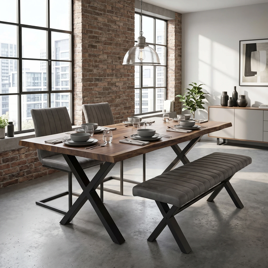 Dining room view for the Moon dining set, highlighting the soft grey fabric upholstery, cushioned seating, and modern industrial design.