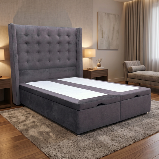 Bed room of the Onyx bed in a boutique-style bedroom, highlighting the contemporary winged headboard with a buttoned finish.