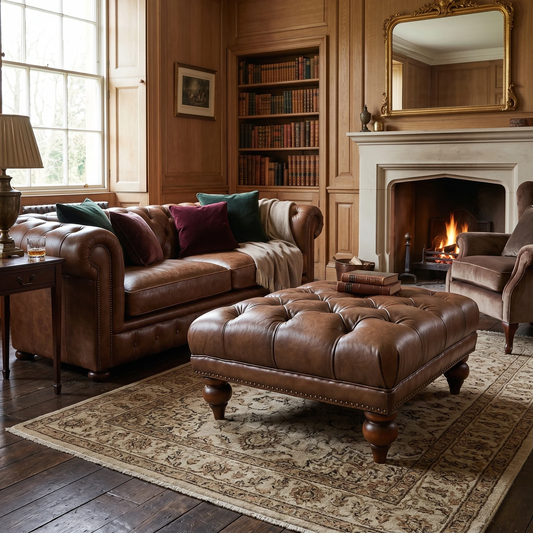 At The Helm 'Shackleton' X3y1-1981ls Saddle Leather Square Footstool with Turned Feet