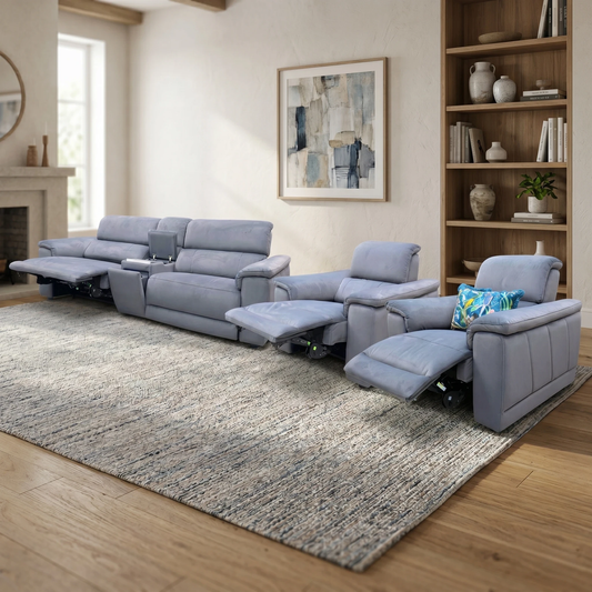 'Genius’ Bella Iron Grey 43460 Velvet 3 Seater Power Recliner Media Sofa with Power Headrest, Power Lumbar and Heated Seats with Set of 2 Armchair