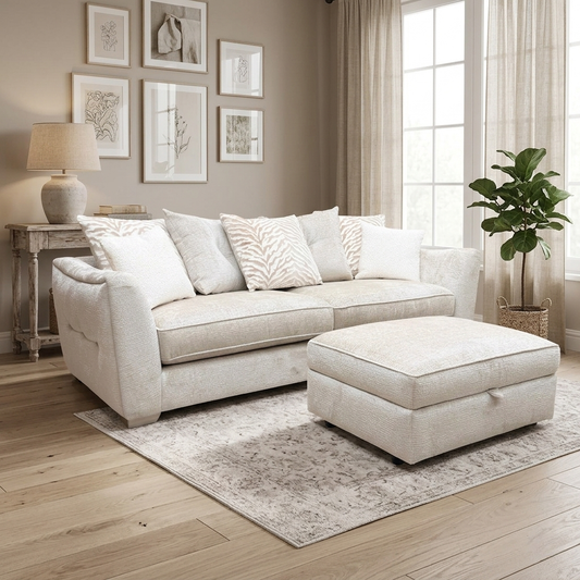 ‘Boujee’ Lustro Dove Ct Fabric 4 Seater Split Frame Scatter Back Sofa + Storage Footstool