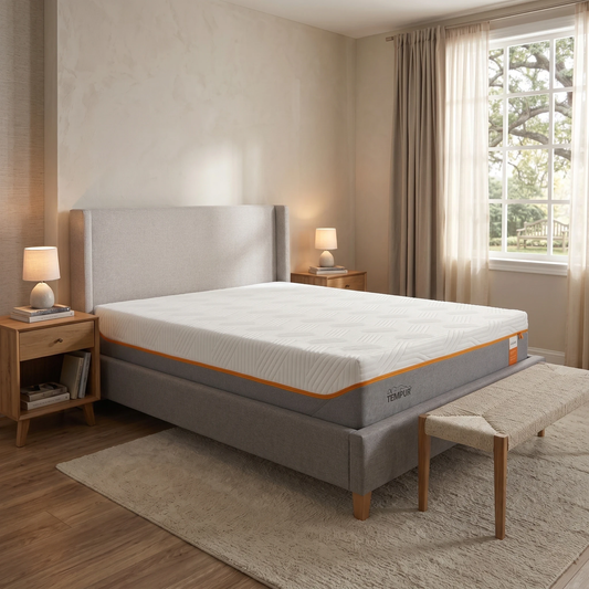 Bedroom view for the Tempur Original Elite, highlighting the medium-firm tension and the authentic TEMPUR® pressure-relieving foam.
