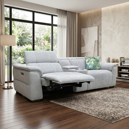 ‘Inca’ Anivia Light Grey Woven Fabric 3 Seater Power Recliner Sofa with Pop Up Light Console and Power Headrests