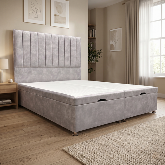 'Pluto' Lace Dolphin Velvet Floor Standing Headboard + End Lift Ottoman Divan Base - King