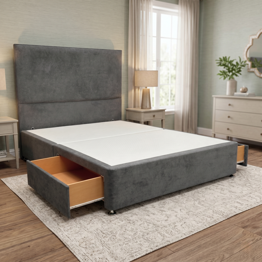 ‘Virgo’ Milan Thunder Velvet Floor Standing Headboard + 2 Draw Divan Base - King