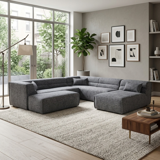 ‘Piero’ Odyssey Vortex Charcoal Grey Fabric 2 Corner 2 Open End Chaise Sofa + Large Footstool