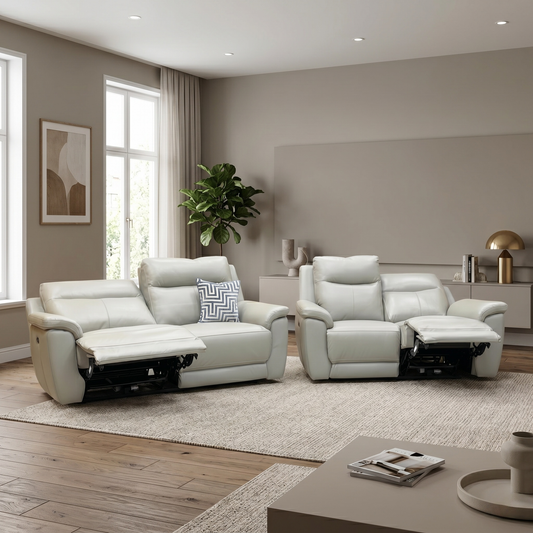 ‘Bobby’ Cat-80_03 Light Grey Leather 3 + 2 Seater Power Recliner Sofa Set