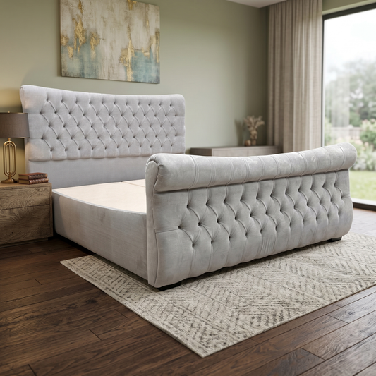 Bedroom view for the Lance ottoman bed, highlighting the right-hand side lift mechanism and the high-capacity under-bed storage.