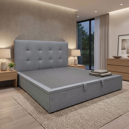 Bedroom view of the Hadley ottoman bed, highlighting the gas-lift hydraulic system and the expansive under-bed storage capacity.