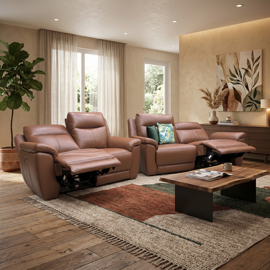 ‘Bobby’ Tan Brown Leather 3 + 2 Seater Power Recliner Sofa Set