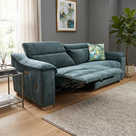 Living room view for the Geneva sofa, highlighting the dual-motor recline system, power headrests, and the built-in wireless audio system.