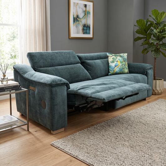 Living room view for the Geneva sofa, highlighting the dual-motor recline system, power headrests, and the built-in wireless audio system.