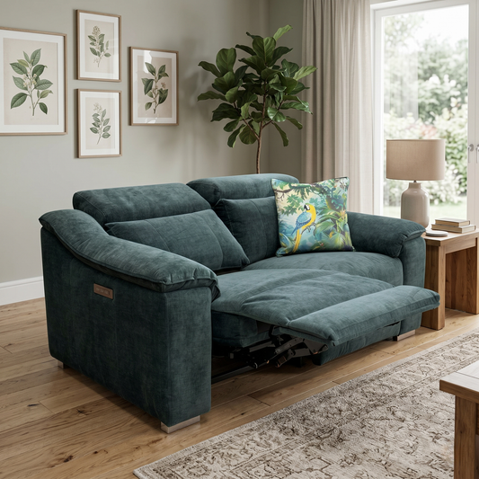 Lifestyle view of the Geneva sofa, highlighting the dual-motor system for independent headrest and recline control, and integrated USB ports.