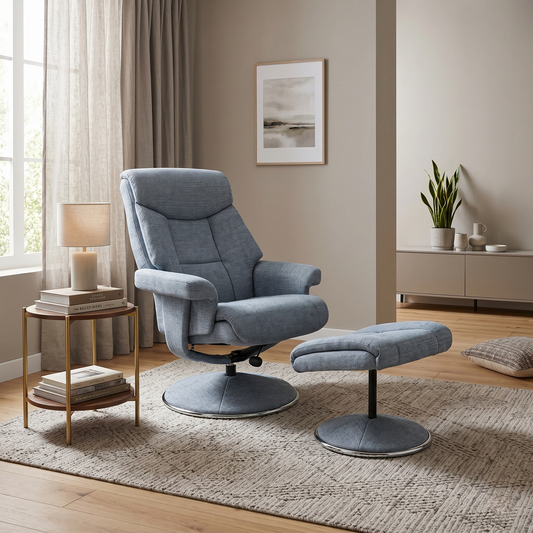 Living room view of the Troyes Swivel Chair, highlighting the deep Ocean Blue textured fabric and the supportive high-back silhouette for ultimate comfort.