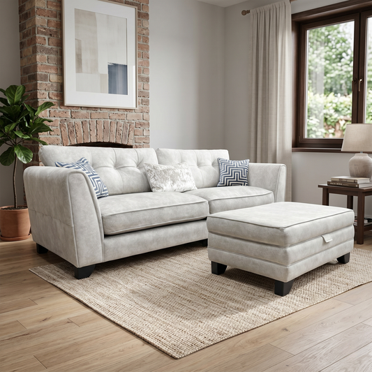 Living room view of the Mariah 4-seater in Dapple Oyster, showcasing the generous seating area and the elegant, light neutral tones of the upholstery.