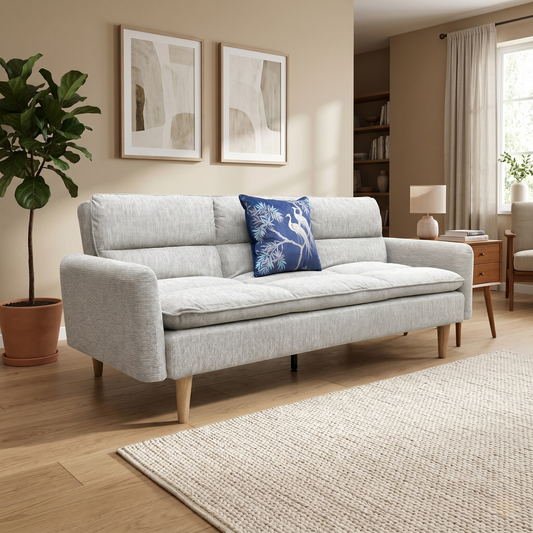 Living room view for the Chill sofa bed, highlighting the versatile natural-toned upholstery, easy-to-operate click-clack mechanism, and space-saving silhouette.