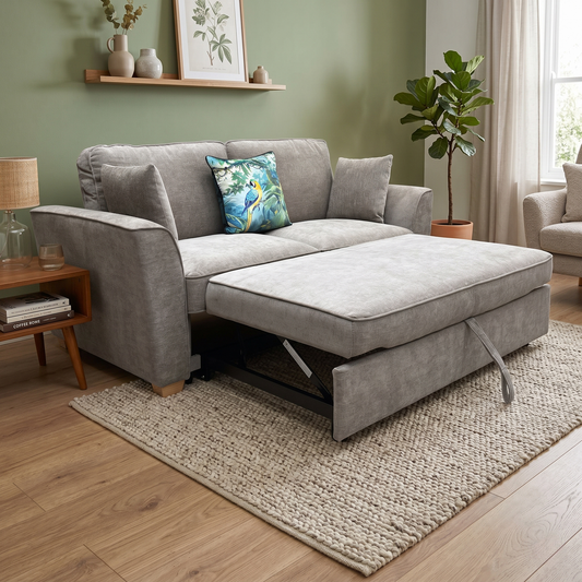 Living room view for the Phoebe sofa bed, highlighting the easy-to-use click-clack mechanism, durable oatmeal-colored upholstery, and space-saving guest bed functionality.
