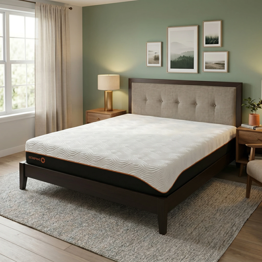 Bedroom view for the Dormeo Octaspring Hybrid Super King mattress, highlighting the combination of breathable Octaspring aerospace technology and supportive pocket springs.