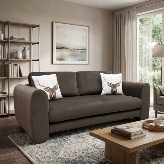 Living Room shot of the Maserati 3-seater brown velvet sofa, highlighting the luxurious fabric sheen and neat, clean-lined cushioning.