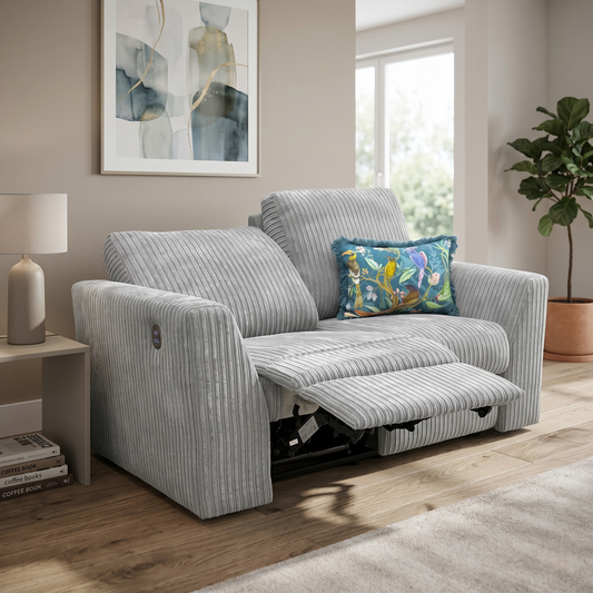 Living Room view of the Heydon 2-seater sofa, highlighting the split backrest cushioning, plush armrests, and clean modern lines.