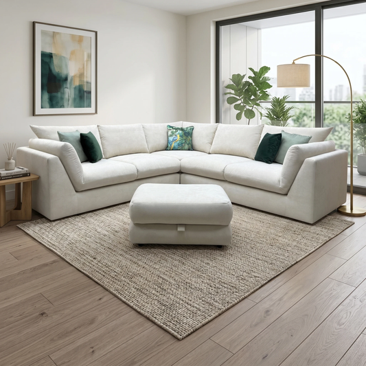 ‘Kalista’ Cream Palmero Plain Velvet 2 Corner 2 Sofa + Large Storage Footstool