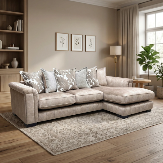 Living Room DFS ‘Dolcie’ 3-seat chaise sofa, right hand facing orientation, beautifully upholstered in luxurious caramel combination Dolcie velvet with a relaxed, casual pillow back configuration.