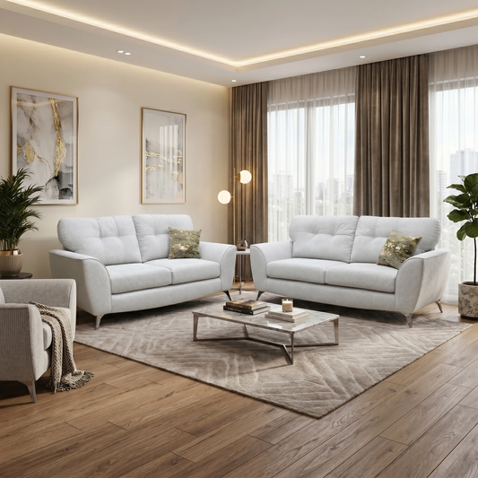 Living Room DFS ‘Dawson’ 2-piece lounge suite, featuring a matching 3-seater and 2-seater sofa set upholstered in a durable silver plain woven fabric.
