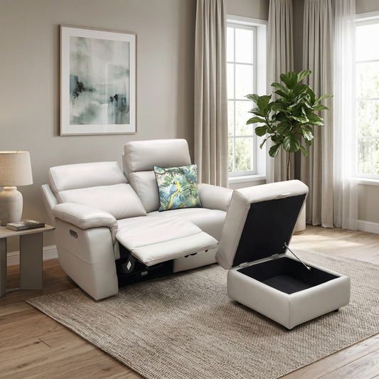 Living room view for the Raven 2-seater power recliner sofa and footstool set, highlighting the premium Category 40 leather and dual power reclining functionality.