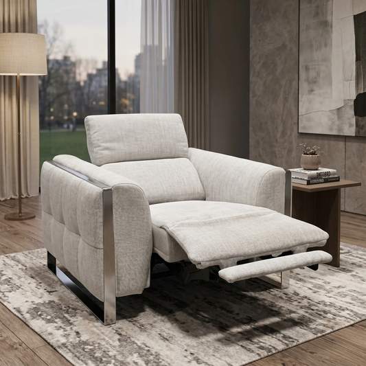 Living room view for the Gisella power recliner chair, showcasing the premium Anivia Khaki fabric upholstery, power headrest, and independent footrest extension.