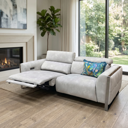 Living room view for the Gisella 3-seater power recliner sofa, highlighting the premium Dexter Stone fabric, adjustable power headrests, and motorized reclining features.