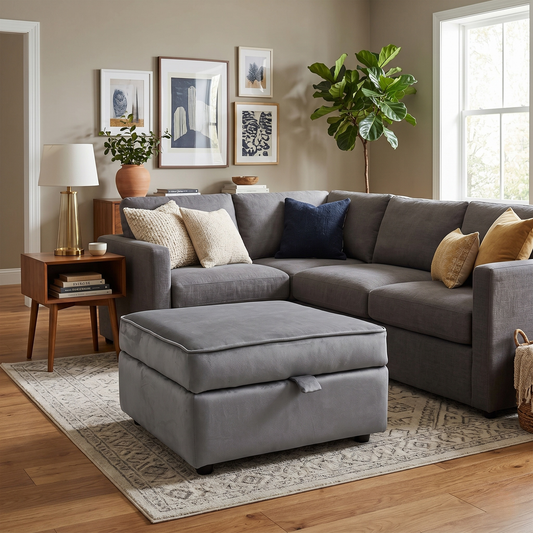 Living room view for the Felix Steel Grey velvet ottoman, highlighting its dual-purpose design as a comfortable footrest and a hidden storage solution.