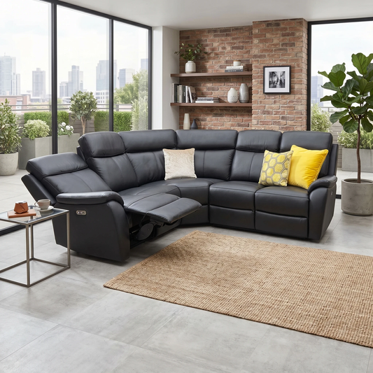 Living room view for the Kingsmere black leather corner sofa, highlighting the luxurious leather upholstery, pocket-sprung seating, and smooth power reclining mechanisms.
