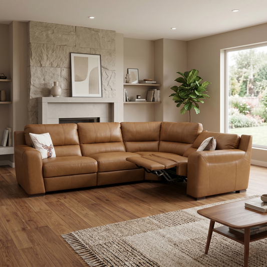 Living room view for the Viali ‘Cometa’ leather corner power recliner sofa, highlighting its premium Bark Brown leather upholstery, smooth power reclining functionality, and luxurious comfort features.