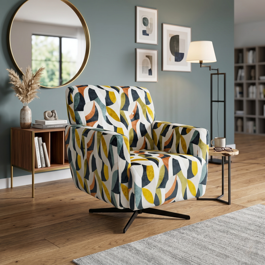 Living room view for the ‘Hedingham’ Terrazzo velvet swivel chair, highlighting its vibrant velvet-blend upholstery, medium comfort support, and smooth 360-degree rotation feature.
