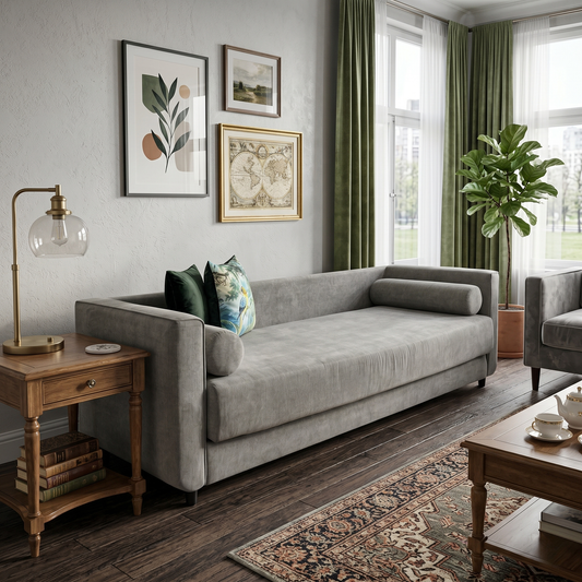 Living room view for the ‘Esprit’ grey fabric fold-out day bed, highlighting its space-saving versatility, medium comfort seating, and simple conversion mechanism.