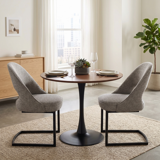 Dining room view for the ‘Tiber’ Truffle Brown fabric cantilever dining chairs, highlighting the pair configuration, premium textured upholstery, and smooth gentle bounce motion.