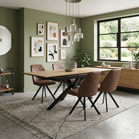 ‘Jupiter’ Dark Oak 160cm Pop Up Extending Dining Table with 4 Tan Brown Faux Leather Swivel Chairs Set